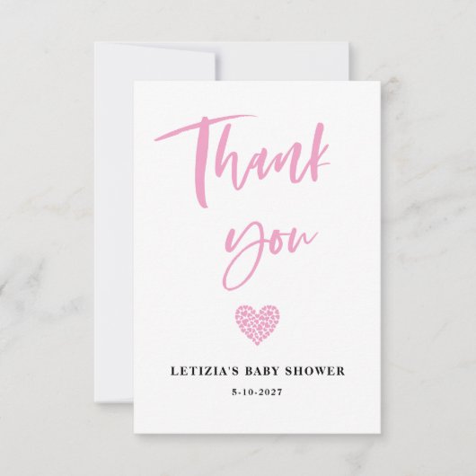 ピンクのハート赤ちゃんシャワー サンキューカード (正面)