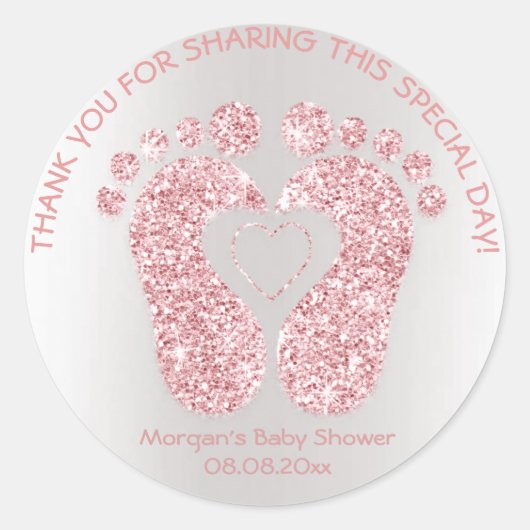 ピンクのハート足ベビーシャワーグリッター感謝していスパークリー ラウンドシール (正面)