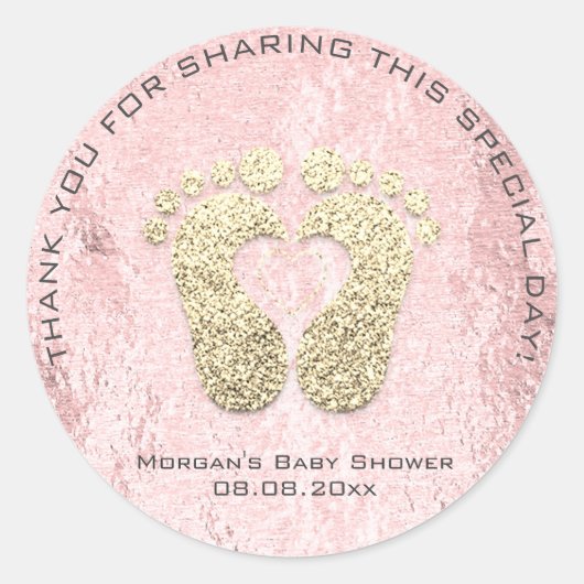ピンクのハート足赤ちゃんシャワー好意ありがとうグレー ラウンドシール (正面)