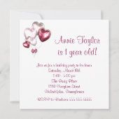 ピンクのハート風船 女の子の1歳誕生日パーティー 招待状 (裏面)