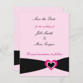 ピンクのハート黒いリボン日付を保存 セーブザデート (正面/裏面)