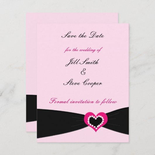 ピンクのハート黒いリボン日付を保存 セーブザデート (正面/裏面)