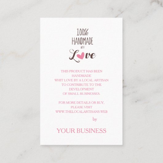 ピンクのハート100%手作り愛引用文 名刺 (裏面)