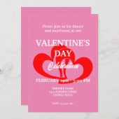 ピンクのハート2つとバレンタインデーパーティー 招待状 (正面/裏面)