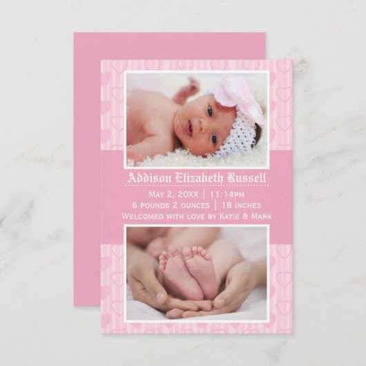 ピンクのハート2枚の写真 – 3x5生誕発表 案内状 (正面/裏面)