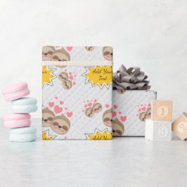 ピンクのハート かわいいナマケモノ柄 ベビーシャワー パーティー ラッピングペーパー