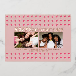ピンクのハート ガレンティンの日 友達 2枚の写真 箔シーズンカード