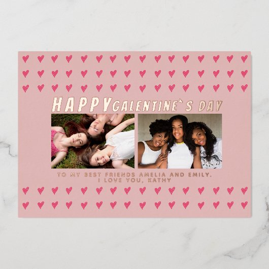 ピンクのハート ガレンティンの日 友達 2 枚の写真 箔シーズンカード (正面)