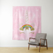 ピンクのハート ゴールド レインボー スター ユニコーンの角の顔 タペストリー (インサイチュ)