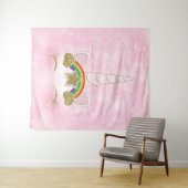 ピンクのハート ゴールド レインボー スター ユニコーンの角の顔 タペストリー (インサイチュ(横))