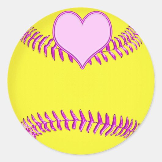ピンクのハート、スレッド付き大きなソフトボールのシール ラウンドシール (正面)