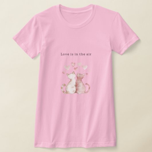 ピンクのハート 白猫 愛 Tシャツ (レイダウン)