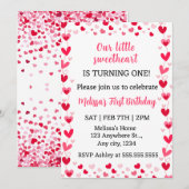 ピンクのハート　私たちの小さなスイートハートの誕生日招待状 招待状 (正面/裏面)