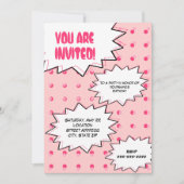 ピンクのハーフトーンのポップアートの漫画の刺激を受けたな誕生日 招待状 (正面)