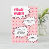 ピンクのハーフトーンのポップアートの漫画の刺激を受けたな誕生日 招待状 (スタンド正面)