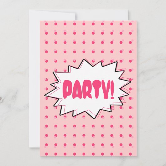 ピンクのハーフトーンのポップアートの漫画の刺激を受けたな誕生日 招待状 (裏面)