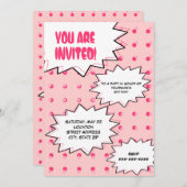 ピンクのハーフトーンのポップアートの漫画の刺激を受けたな誕生日 招待状 (正面/裏面)