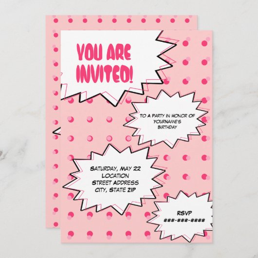 ピンクのハーフトーンのポップアートの漫画の刺激を受けたな誕生日 招待状 (正面/裏面)