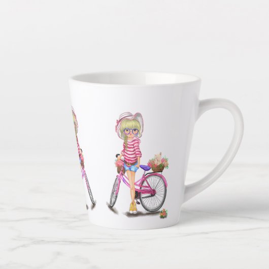 ピンクのバイクと猫を花で飾ったかわいいブロンドの女の子 カフェラテマグ (右)