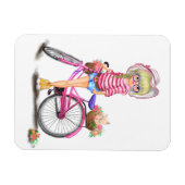 ピンクのバイクと猫を花で飾ったかわいいブロンドの女の子 マグネット (横)