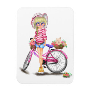 ピンクのバイクと猫を花で飾ったかわいいブロンドの女の子 マグネット