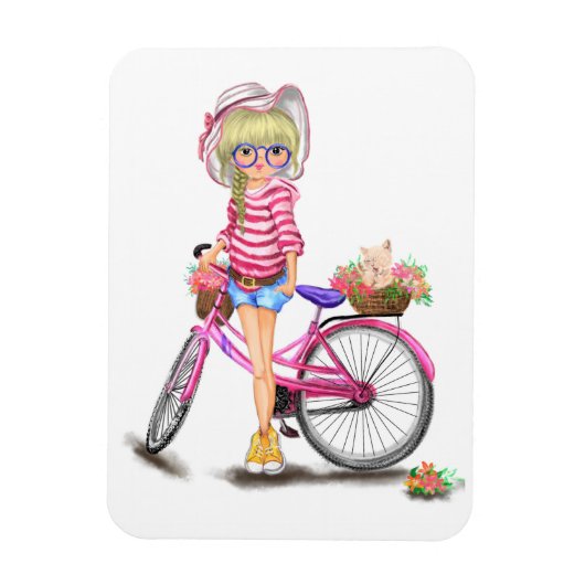ピンクのバイクと猫を花で飾ったかわいいブロンドの女の子 マグネット (縦)