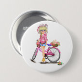 ピンクのバイクと猫を花で飾ったかわいいブロンドの女の子 缶バッジ (正面&裏面)