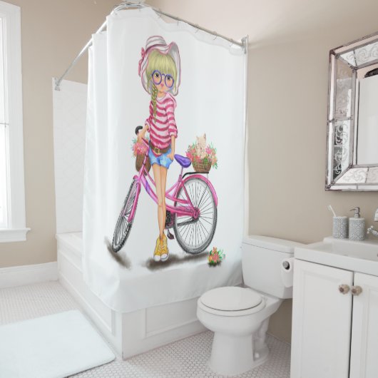 ピンクのバイクシャワーカーテンを持つブロンドの女の子 シャワーカーテン (インサイチュ)