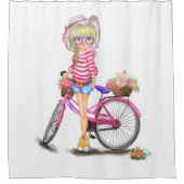 ピンクのバイクシャワーカーテンを持つブロンドの女の子 シャワーカーテン (正面)