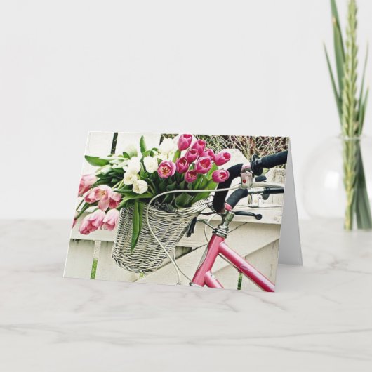 ピンクのバイク/花 – ハッピーバースデー=幸せ カード (正面)