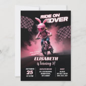 ピンクのバイクBMXレース誕生日ガール 招待状 (正面)