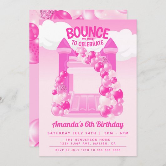 ピンクのバウンスハウスパーティー 招待状 (正面/裏面)