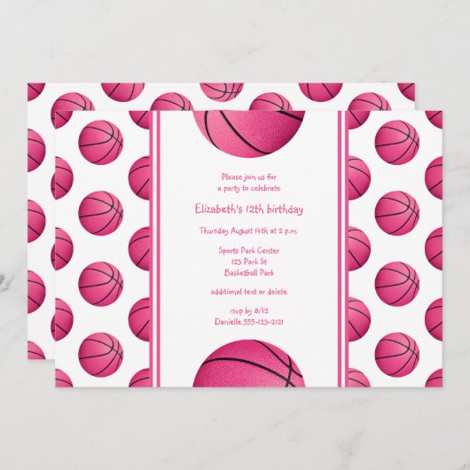 ピンクのバスケットボールのパターンのスポーツ誕生日パーティー 招待状 (正面/裏面)