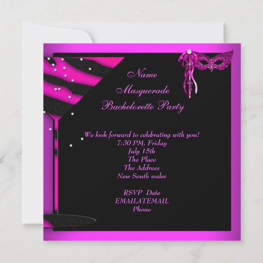ピンクのバチェロレッテ仮装ブラックハイヒールシューズ 招待状 (裏面)