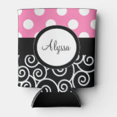 ピンクのバックドット旋回パーソナライズされた 缶クーラー (正面)