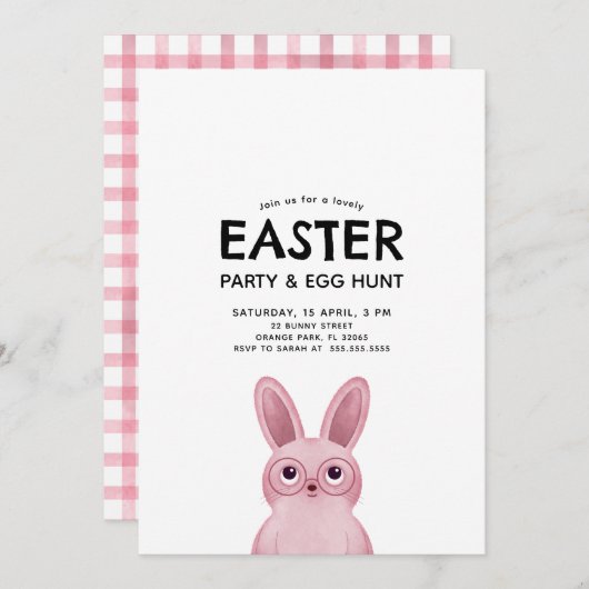 ピンクのバニーが眼鏡をかけているキッズイースターパーティー 招待状 (正面/裏面)