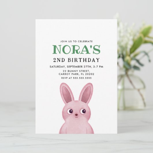 ピンクのバニーとリトルの女の子の誕生日パーティー 招待状 (スタンド正面)