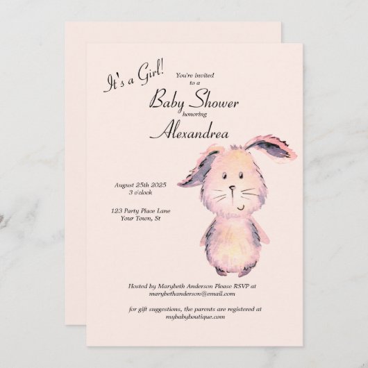 ピンクのバニーの水彩女の子の赤ちゃんシャワー 招待状 (正面/裏面)