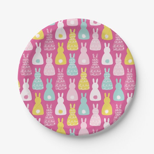 ピンクのバニーラビットかわいい子供のパターン ペーパープレート (正面)
