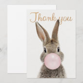 ピンクのバブルガムを吹くウサギ サンキューカード (正面/裏面)