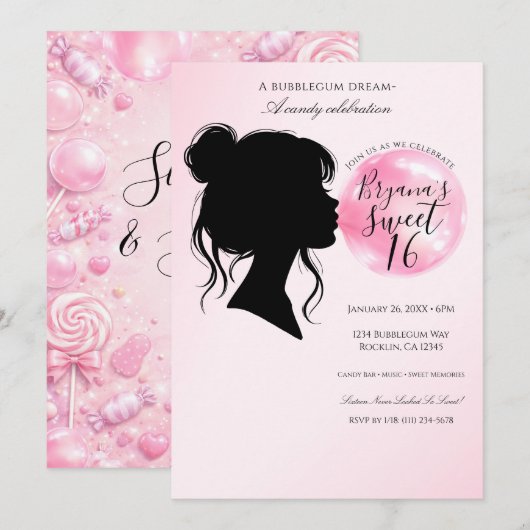 ピンクのバブルガム ドリーム キャンディー スイート 16 セレブレーション   招待状 (正面/裏面)