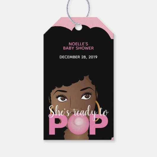 ピンクのバブルガム、彼女は赤ちゃんシャワーの準備ができていポップ・アートのる ギフトタグ (正面)