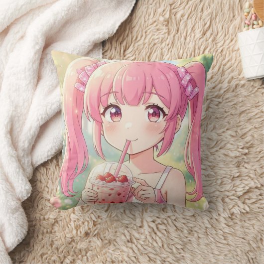 ピンクのバブルティーを飲むかわいいアニメの女の子 クッション (ブランケット)
