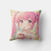 ピンクのバブルティーを飲むかわいいアニメの女の子 クッション (裏面)