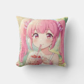 ピンクのバブルティーを飲むかわいいアニメの女の子 クッション (正面)