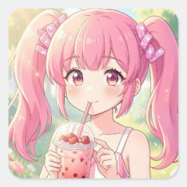 ピンクのバブルティーを飲むかわいいアニメの女の子 スクエアシール