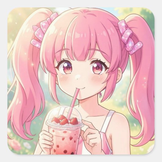 ピンクのバブルティーを飲むかわいいアニメの女の子 スクエアシール (正面)