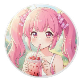 ピンクのバブルティーを飲むかわいいアニメの女の子 セラミックノブ