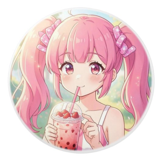 ピンクのバブルティーを飲むかわいいアニメの女の子 セラミックノブ (正面)