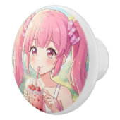 ピンクのバブルティーを飲むかわいいアニメの女の子 セラミックノブ (右)